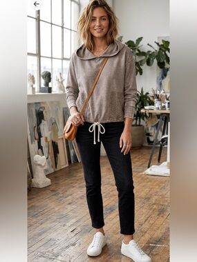 Jane and Delancey Taupe Hooded Pullover with Eyelet Front Pockets